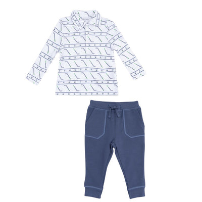 The Golf Club Polo Shirt & Jogger Pants by Angel Dear features a striped modal rib polo with collar and soft French terry blue joggers, both shown on a white background.