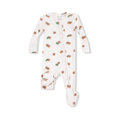 The Tiny Acorns Ribbed Two-Way Zipper Footie by Angel Dear is a white, long-sleeve baby onesie with a brown pineapple and green leaf print, featuring a zipper for easy changes—perfect cozywear for newborns.