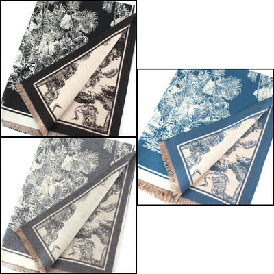 Three Skyler Reversible Patterned Scarves by Pretty Persuasions, shown folded in black, blue, and gray. Each 100% polyester scarf features intricate nature-inspired patterns with a contrasting reverse design.