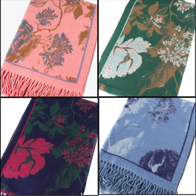 A collage of four Pretty Persuasions Eddy Scarves—100% polyester with floral patterns: pink with brown/purple, green with tan/brown, navy with red/green, and light blue with dark blue/gray flowers.