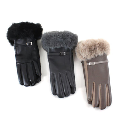 Pretty Persuasions Faux Leather Gloves w/Faux Fur shown in black, dark gray, and brown, each with a metallic buckle by the wrist and touchscreen capability, displayed side by side on a white background.
