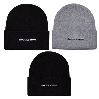 HATPHILE Doodle Mom and Doodle Dad Embroidered Beanies—two black (Mom & Dad) and one gray (Mom), each $22, all featuring white embroidery on the folded brim.