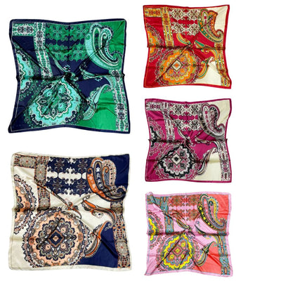 The Sensibling Corp. Paisley Pattern Printed Square Silky Satin Scarf Shawl set includes four scarves with paisley and floral designs in green, red, navy blue, and pink, each displayed flat to showcase the smooth polyester fabric and unique patterns.