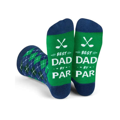 Two socks are shown, one flat and the other upright. These Lavley socks, named Best Dad by Par, are green with navy and white golf designs. Best Dad by Par is on the soles with crossed golf clubs, making a perfect dad gift.