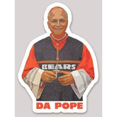 A smiling man dressed as the Pope wears a Chicago Bears jersey over his robes on this waterproof die-cut Da Pope Bears Fan Sticker by Black Angel Designs, with DA POPE in red capital letters below.