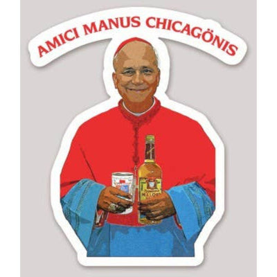 The Pope Chicago Handshake Sticker by Black Angel Designs features a cheerful man in red robes holding Old Style beer and Jeppson’s Malört, with “AMICI MANUS CHICAGÖNIS” above—perfect for die-cut stickers celebrating Chicagogenisis.