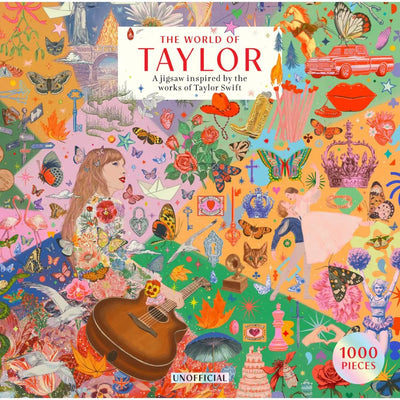 The World of Taylor: An Unofficial 1000-piece Jigsaw Puzzle by Chronicle Books features illustrations of Taylor, a guitar, butterflies, crowns, cats, roses, a red car, and whimsical icons—a perfect gift for any Swiftie!.