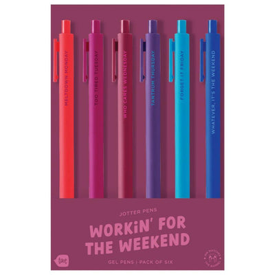 The Talking Out of Turn Working for the Weekend Jotter Pen Set includes six colorful fine-point gel pens, each with a day of the week and playful phrase, in packaging with bold “Workin’ for the Weekend” text—perfect for brightening your notes!.