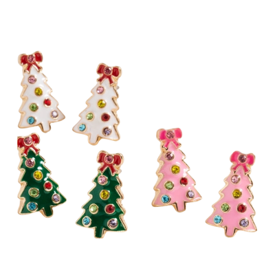 Golden Stella Enamel Christmas Tree Earrings feature colorful ornament accents and a festive design in green, white, and pink—perfect for pairing with your favorite holiday pins or rhinestone earrings.