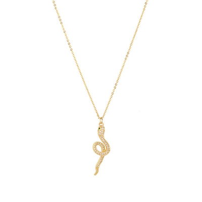 The Golden Stella CZ Snake Pendant Necklace features a delicate gold-plated chain with tiny beads and a snake-shaped pendant adorned with sparkling CZ stones, shown on a plain white background.
