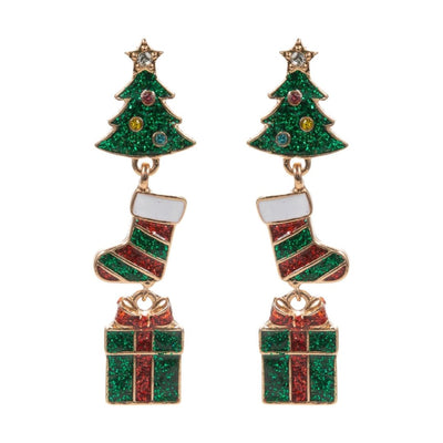 Celebrate the season with Golden Stella’s Dangling Christmas Icons Earrings, featuring a glittery Christmas tree, striped stocking, and green/red gift box, all accented in gold-tone festivity.