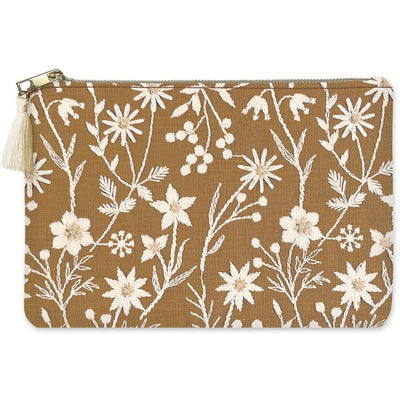 The Chamomile Pouch by Lady Jayne is a tan embroidered fabric pouch with white floral and leaf patterns. It includes a zipper closure with a white tassel, and inside, a smooth lining completes its design.