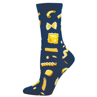 Hasta La Pasta Womens Socks by Socksmith, size 9-11, feature navy blue cotton with a vibrant pattern of yellow pasta shapes—bowtie, fusilli, penne, macaroni, and ravioli—ideal for women’s sock collections.