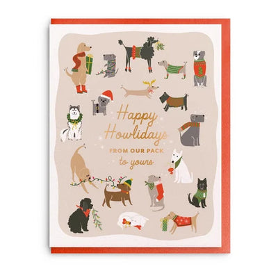 Christmas card with illustrations of dogs wearing holiday accessories on a beige background.