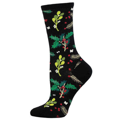 The Socksmith Mistletoe and Holly Women's Socks in black, size 9-11, feature a festive design with green holly leaves, red berries, white mistletoe, and gold pine sprigs.