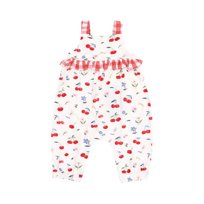 watercolor cherries and gingham ruffle romper