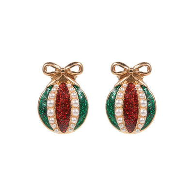 Designature New York's Christmas Tree Ornament Enamel Pearl Post Earrings feature gold bows, red and green glittery stripes, and rows of small pearls for a festive holiday look.