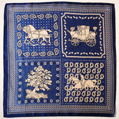 The Horse and Carriage Paisley Printed Square Silky Satin Scarf by Sensibling Corp. features a blue design with four cream and navy sections—a horse-drawn carriage, rider, tree, paisley—and a navy border with cream details.