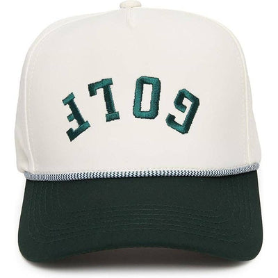 The Funky Junque Laser Cut Golf Rope Cap in green and beige features moisture-wicking fabric to keep you cool and comfortable, with GOTE embroidered upside down on the front—perfect for golf or everyday wear.