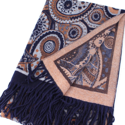The Pretty Persuasions Paisley Dots Scarf features folded soft polyester blend fabric with blue, beige, and brown paisley patterns and geometric designs; one fringed corner is turned to reveal the reverse side.