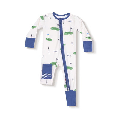 The All Fore Golf Two-Way Zipper Romper by Angel Dear features soft white bamboo, blue trim, golf-themed prints, fold-over cuffs for sensitive skin, a cute polka dot pocket, and an asymmetrical zipper for easy changes.