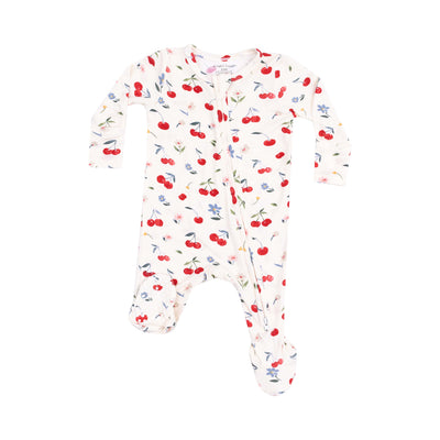 The Watercolor Cherries & Gingham Two-Way Zipper Footie by Angel Dear is a cozy bamboo fiber baby onesie with long sleeves, footies, and a vibrant cherry, flower, and leaf pattern on white. It features a diagonal zipper from collar to left ankle.