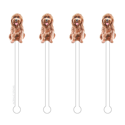XO ACRYLICS | ACRYLIC STICKS Goldendoodle Acrylic Stir Sticks: Set of 4 BPA-free acrylic sticks, each featuring a joyful brown Goldendoodle with curly fur and its tongue out, displayed on a white background.