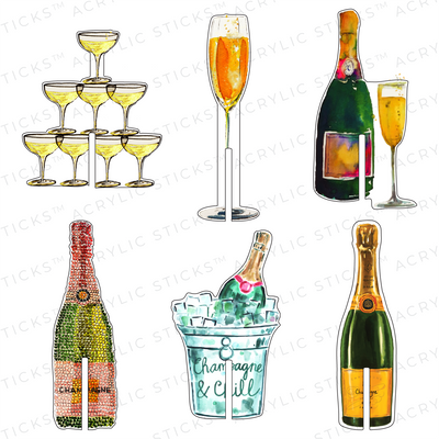 XO ACRYLICS | ACRYLIC STICKS Lover of Bubbles Acrylic Drink Clip Combo: illustrations feature champagne bottles, filled flutes with decorative clips, a champagne tower, and a bottle in an ice bucket on a white background.