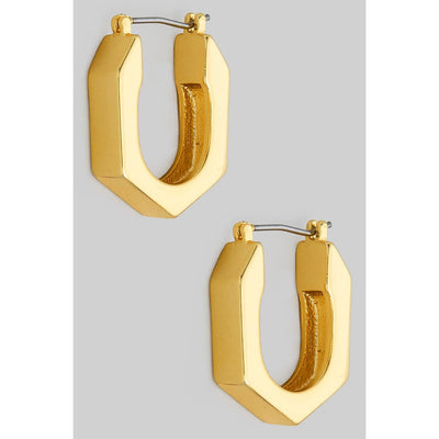 A close-up of Girlys Gold Dipped Hexagon Hoop Earrings shows the 0.9 U-shaped design with a shiny finish and hinge clasp closure on a gray background, exuding modern elegance.