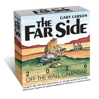Celebrate 40 years of quirky humor with the Far Side® 2026 Off-the-Wall Day-to-Day Calendar by Gary Larson, from Simon & Schuster. Features a cartoon cheetah on a typewriter in a grassy landscape with mountain views—perfect for fans!.