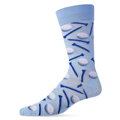 The MeMoi Golf Bamboo Blend Men's Crew Socks by Infinity Classics International Inc. feature light blue fabric with white golf balls and dark blue tees, plus a ribbed cuff for comfort and style.