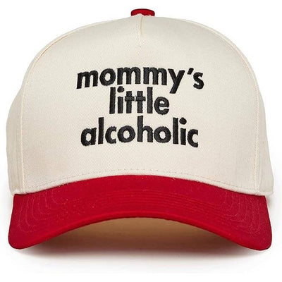 The Funky Junque Two Tone Embroidered Cap: Mommy's Little Alcoholic in red/beige features bold front text and an adjustable snapback closure for comfort.