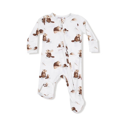 The Angel Dear Baby Beavers Two-Way Zipper Footie features playful brown beavers on a white background, with long sleeves, fold-over cuffs, and a diagonal two-way zipper from collar to left ankle.