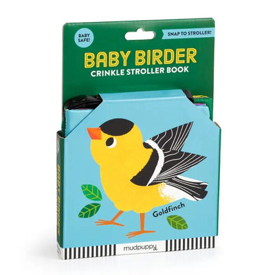 The Baby Birder Crinkle Book by Chronicle Books features a vibrant goldfinch on the cover. This baby-safe stroller accessory snaps easily in place and pairs perfectly with magnetic bookmarks for young readers.