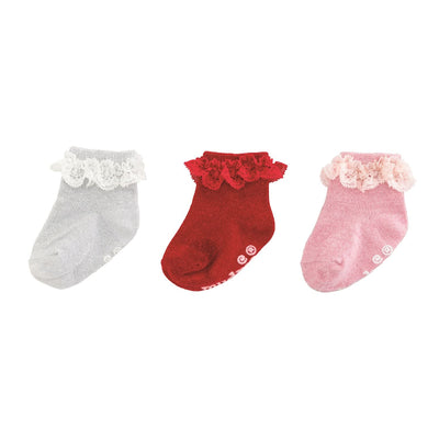 The Mud Pie Baby Sparkle Sock Set features three cotton socks in gray, red, and pink with delicate lace cuffs—perfect for your little one.