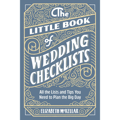 The cover of Little Book of Wedding Checklists by Sourcebooks shows gold and white patterns on blue, with the subtitle: All the wedding planning advice and tips you need to plan the big day.