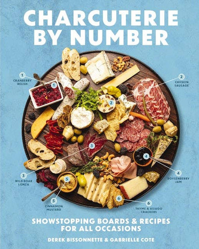 A charcuterie board displays assorted meats, cheeses, fruit, nuts, and crackers on a blue background with each item numbered and labeled. Book title: Charcuterie by Number by HarperCollins Focus.
