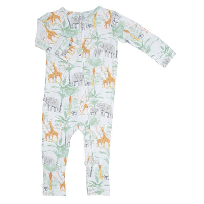 The Sweet Bamboo Convertible Romper - Georges Jungle features a bamboo fabric with giraffes, elephants, and trees on white. Made for sensitive skin, it offers long sleeves and legs plus a 2-way front zip for easy changes.