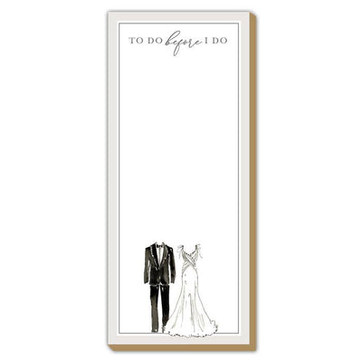 The RosanneBeck Collections To Do Before I Do Tuxedo and Gown Gray Luxe Skinny Pad features a tuxedo and wedding gown illustration and a blank center, perfect for jotting down pre-wedding shopping or market lists.