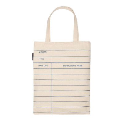 The Library Card Natural Tote by Penguin Random House LLC is a cotton canvas bag featuring dark blue lines and classic library card details—Author, Title, Date Due, Borrower's Name—ideal for book lovers.