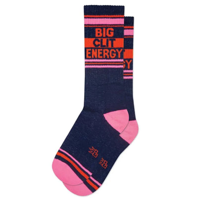 Gumball Poodles Big Clit Energy Unisex Socks are navy blue, mid-calf socks with pink and red stripes, bold red BIG CLIT ENERGY text, pink toes and heels, and wide ribbing for comfort and style.