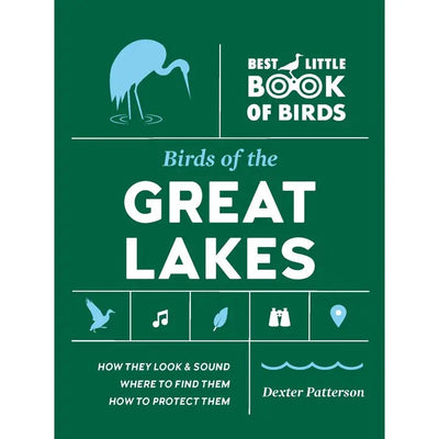 Birds of The Great Lakes by Hachette Book Group features bird and nature icons on a green cover, with text highlighting it as an identification guide and resource for bird conservation.