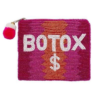 Judson & Companys Botox $ Beaded Coin Purse features BOTOX in white letters with a dollar sign on a pink to red ombre, adorned with a playful red and white pom-pom zipper for statement style.