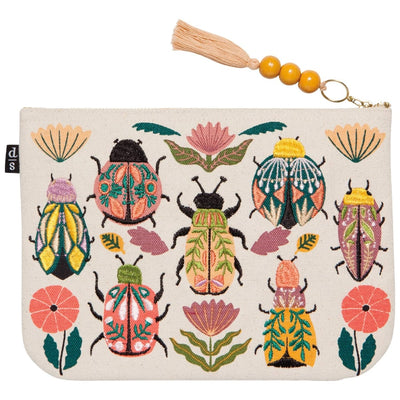 Embroidered pouch with colorful beetle design and tassel on a white background