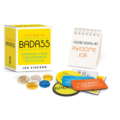The Little Box of Badass from Hachette Book Group includes motivational cards, inspirational pins, and a flip calendar to boost confidence and self-love, inspired by Jen Sincero’s You Are a Badass.
