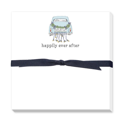 The Happily Ever After Doodle Notepad by Donovan Designs is a compact pad with 50 sheets, a navy ribbon, and an illustrated blue car with flowers, cans on the bumper, plus Just Married and happily ever after below.