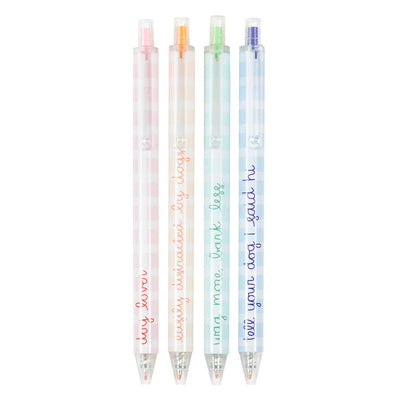 The Dog Lover Pen Set by Callie Danielle features five pastel gel pens with checkered designs and matching ink in orange, green, purple, and blue. They stand upright with clear tips and smooth click mechanisms, adding an elegant touch to your stationery collection.