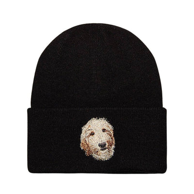The HATPHILE Doodle Embroidered Soft Beanie is a cozy black knit beanie with an embroidered dog face doodle on the front fold, set against a plain white background.