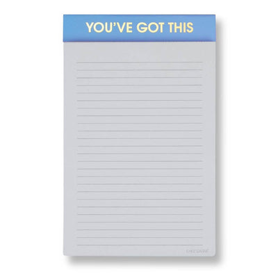 The Chez Gagné "You've Got This" Lined Notepad features a blue header with yellow text, is made from FSC certified paper, and offers plenty of space for notes and reminders.