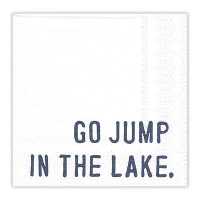 The Go Jump In the Lake Cocktail Napkin by Santa Barbara Design Studio features GO JUMP IN THE LAKE. in bold, dark blue on white—an ideal pick for picnics or casual gatherings.